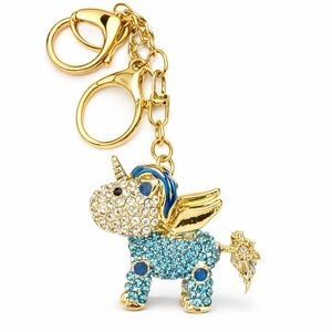 Bag Charm UNICORN Blue Rhinestones W/gold tones-keychain- handbag accessory